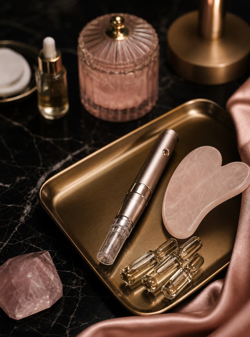 Pharmaceutical-grade tools on a gold tray — microneedling pen, rose quartz, ampoules