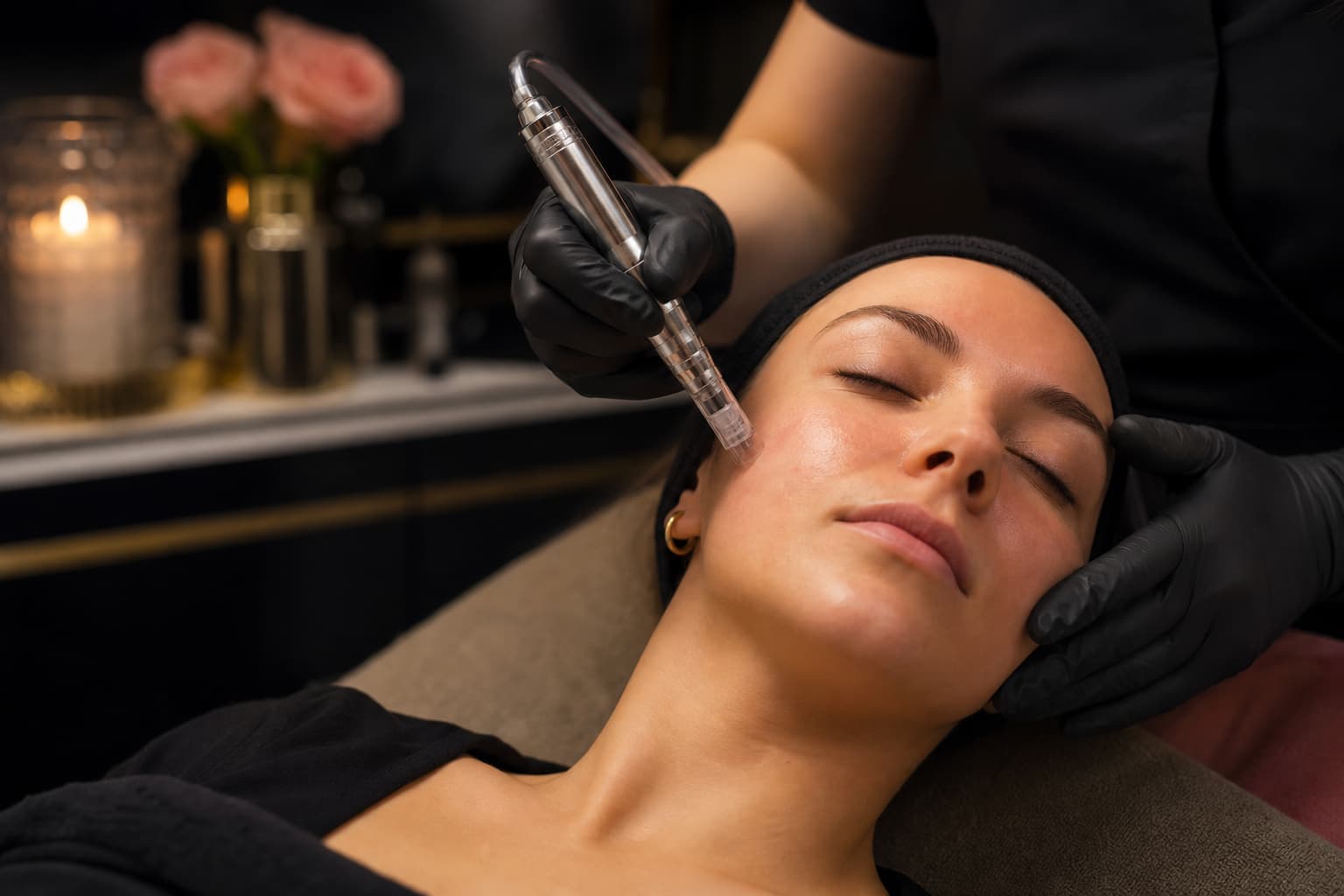 A microneedling treatment in progress at Empire Beauty — candlelight, roses and a calm hand